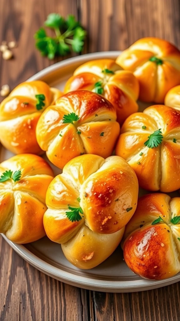 Golden brown garlic knots brushed with garlic butter and garnished with parsley on a rustic wooden table.